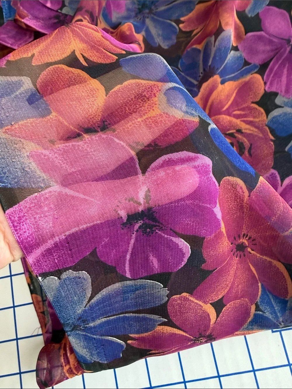 Vintage 90s Floral Chiffon Fabric 5.5 Yards Sheer Drapey Jewel Tone Floral